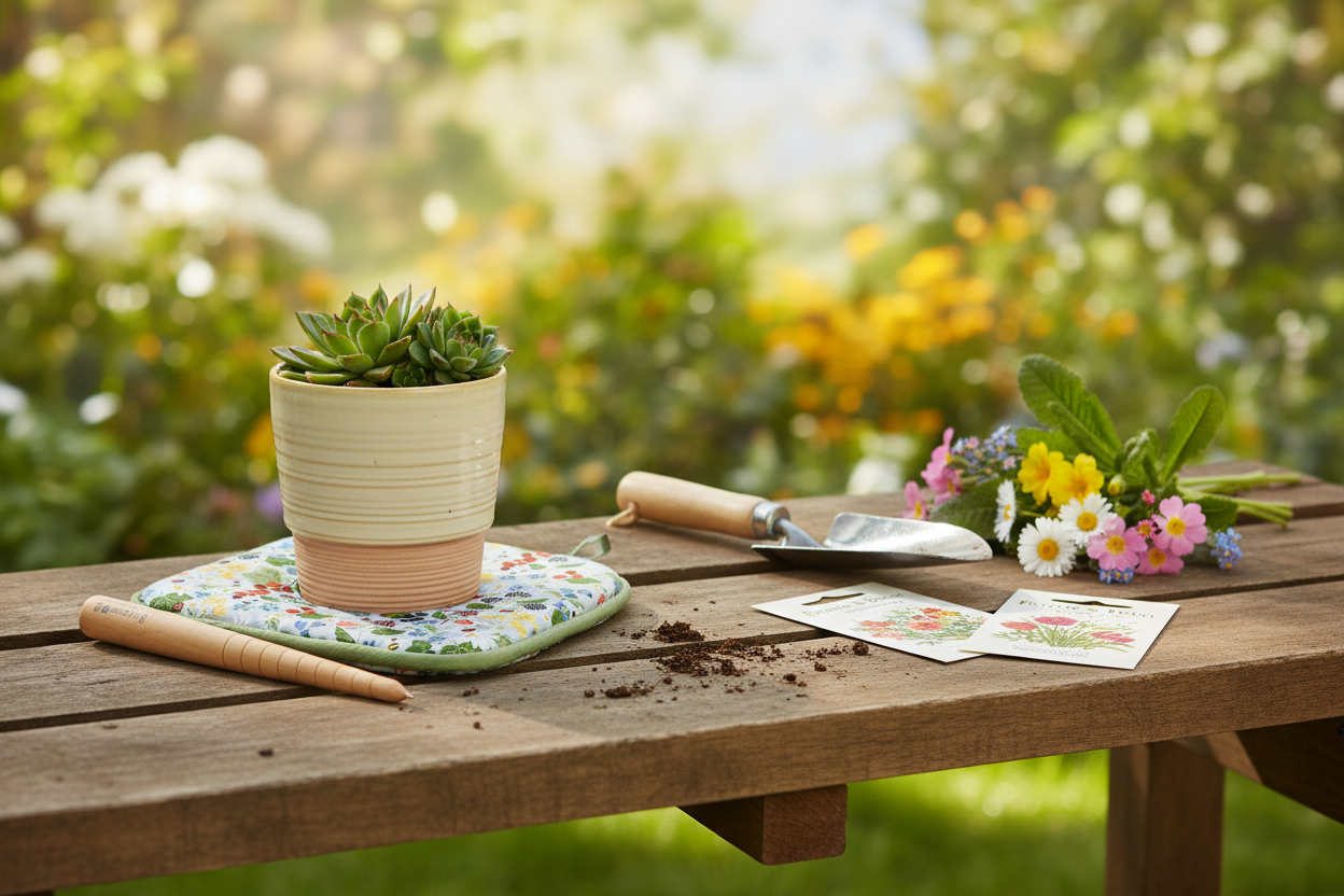 Gardening gifts and plant pot on an outdoor table