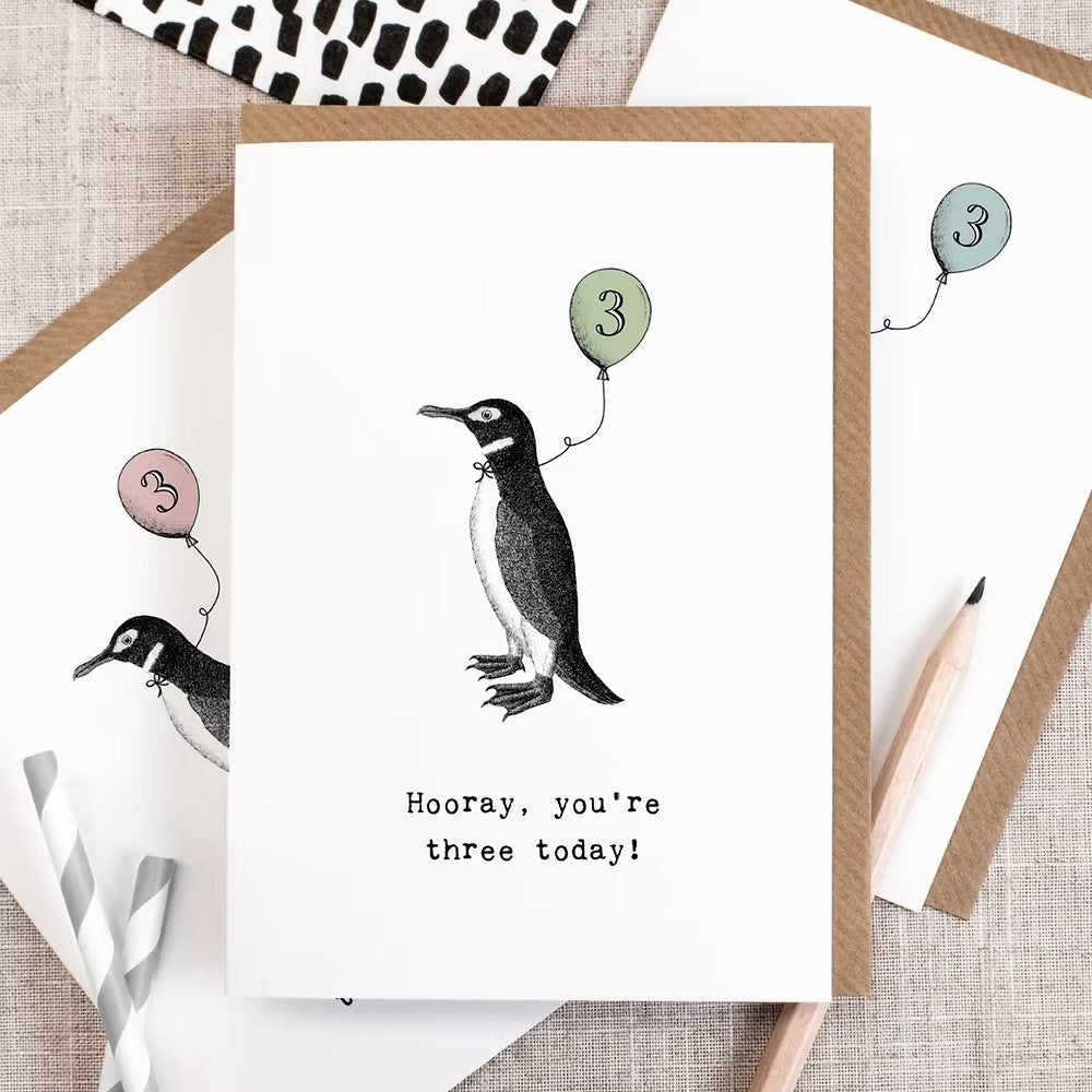 3rd Birthday Card, Penguin with Balloon