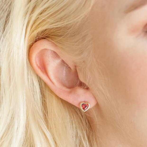 Red Stone Heart Stud Earrings in Gold