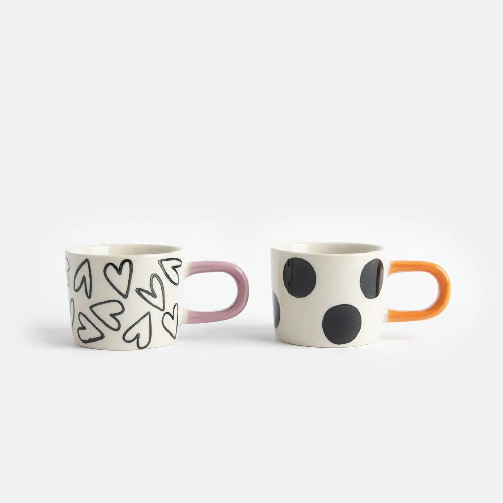 Mono Spot and Hearts Set of 2 Espresso Cups