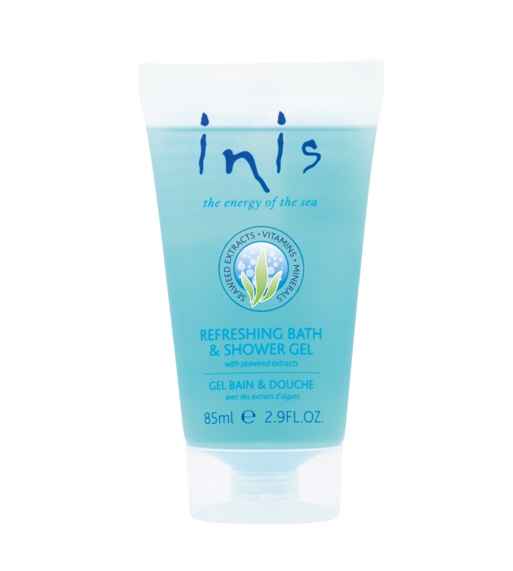 Inis Refreshing Bath and Shower Gel 85ml blue translucent tube on white background