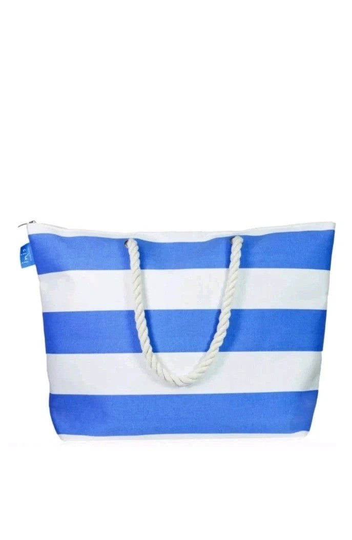 Inis blue and white striped canvas tote bag with thick rope handles, on white background