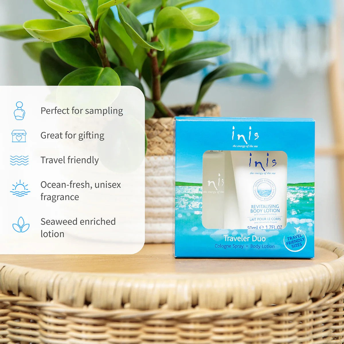 Inis Traveler Duo Set box on wicker surface with feature benefits listed and green plant in background