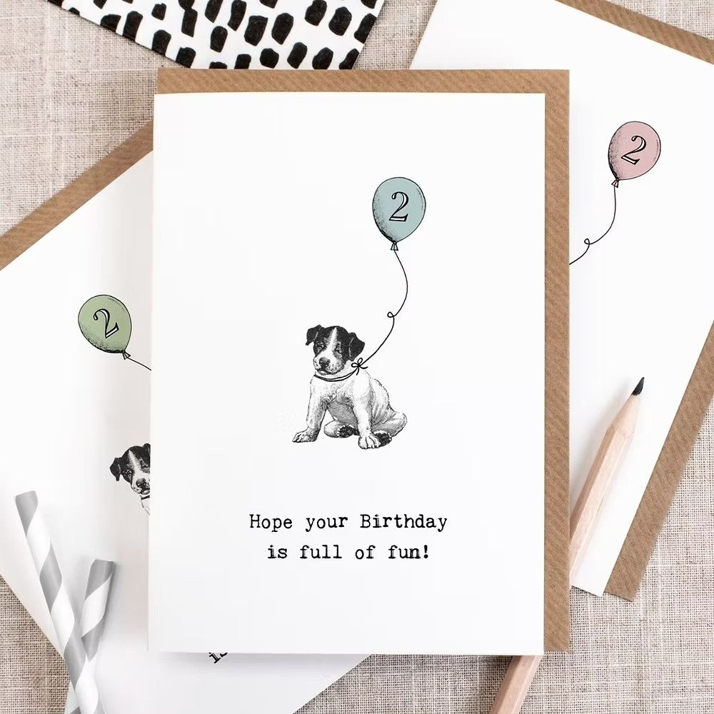 2nd Birthday Card, Puppy dog with balloon