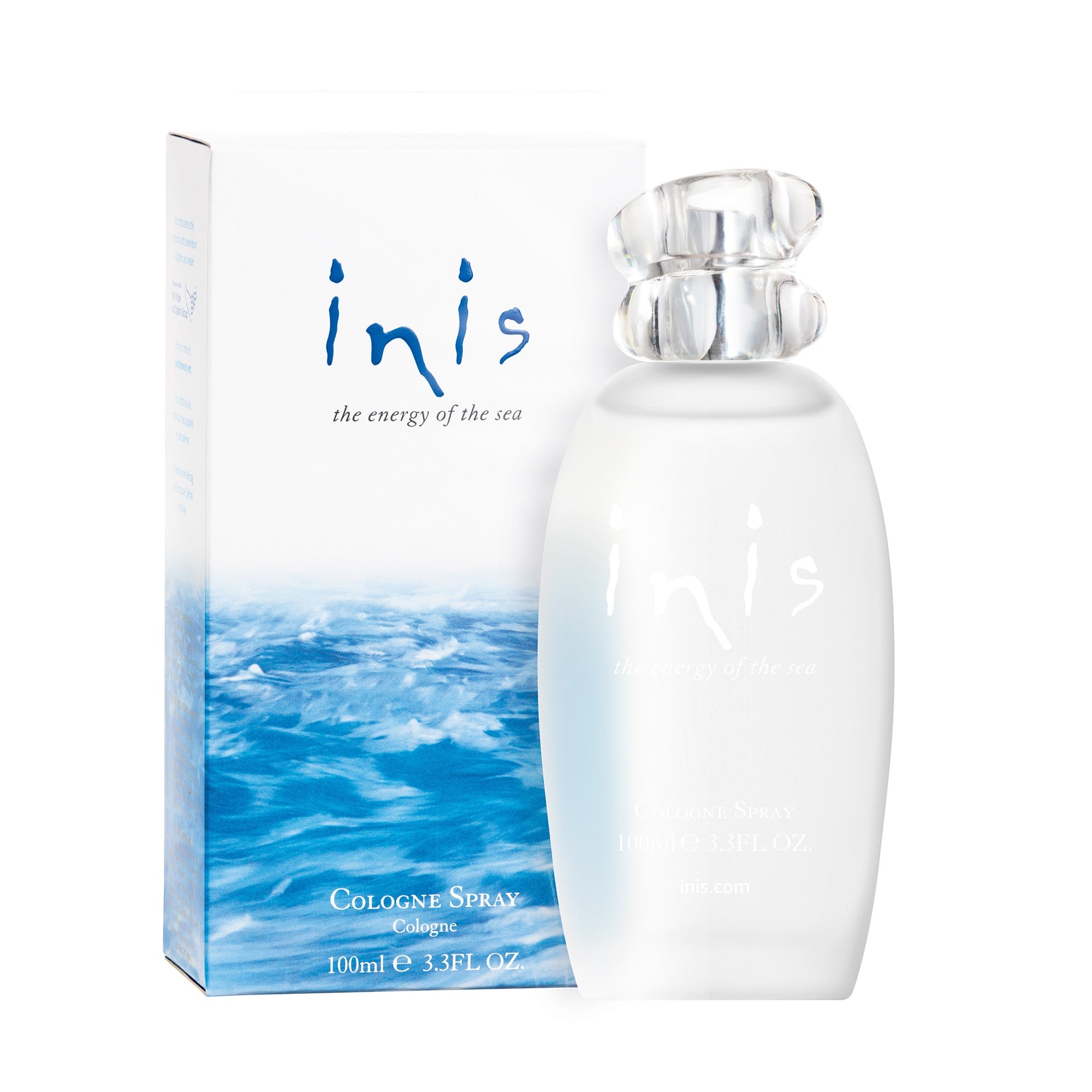 Inis Cologne Spray 100ml frosted bottle with wave-cap stopper alongside ocean-themed box, on white background