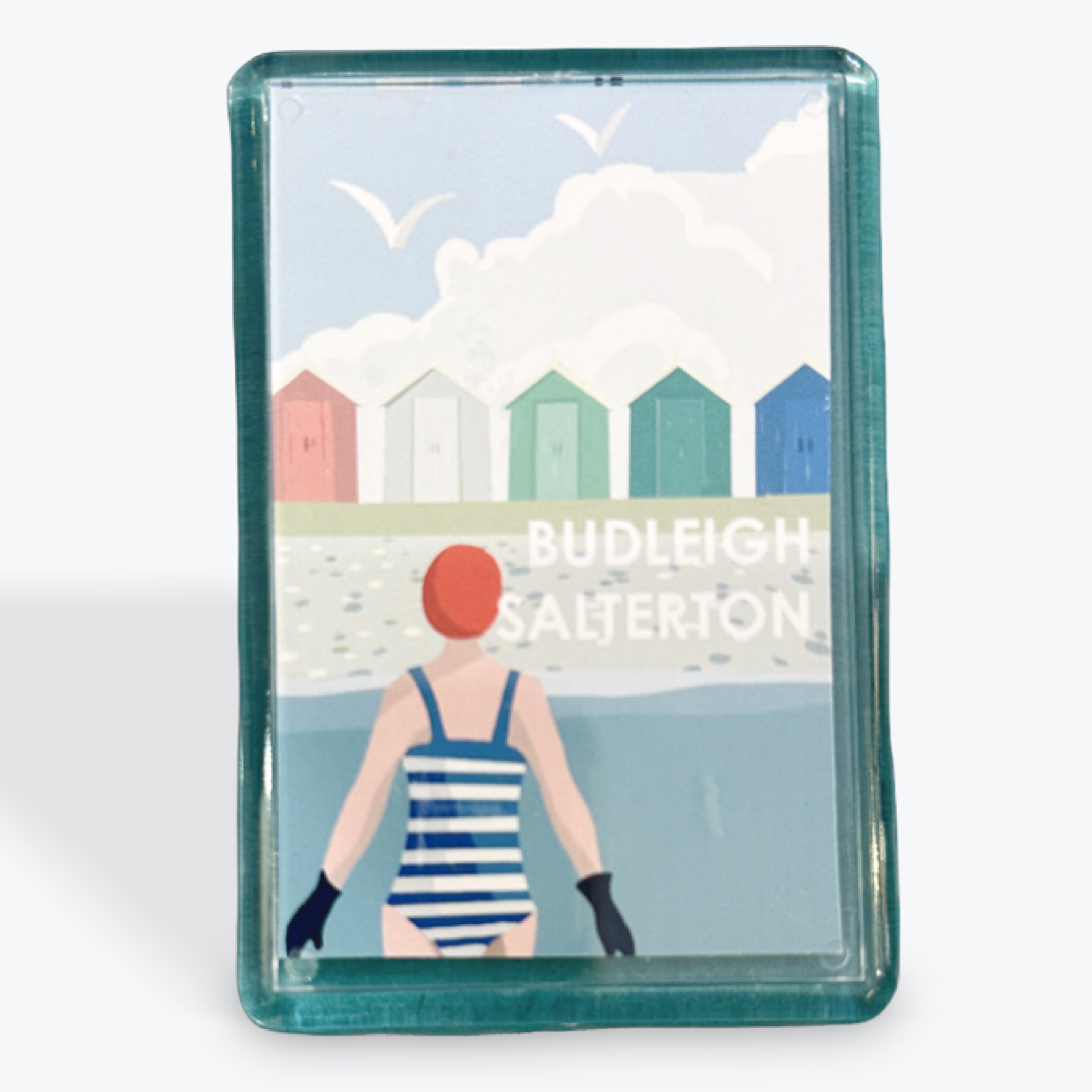 Budleigh Salterton Fridge Magnet with Beach Huts and Swimmer