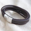 Mens Layered Vegan Leather Straps Bracelet in Brown Large