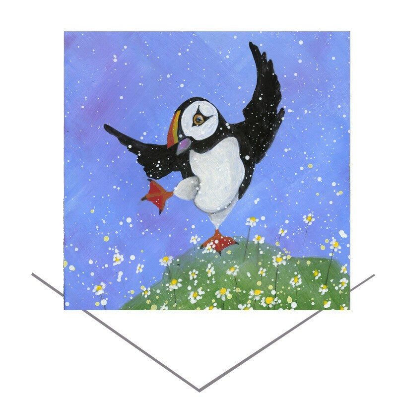 Puffin Dancing with the Daisies - Greeting Card