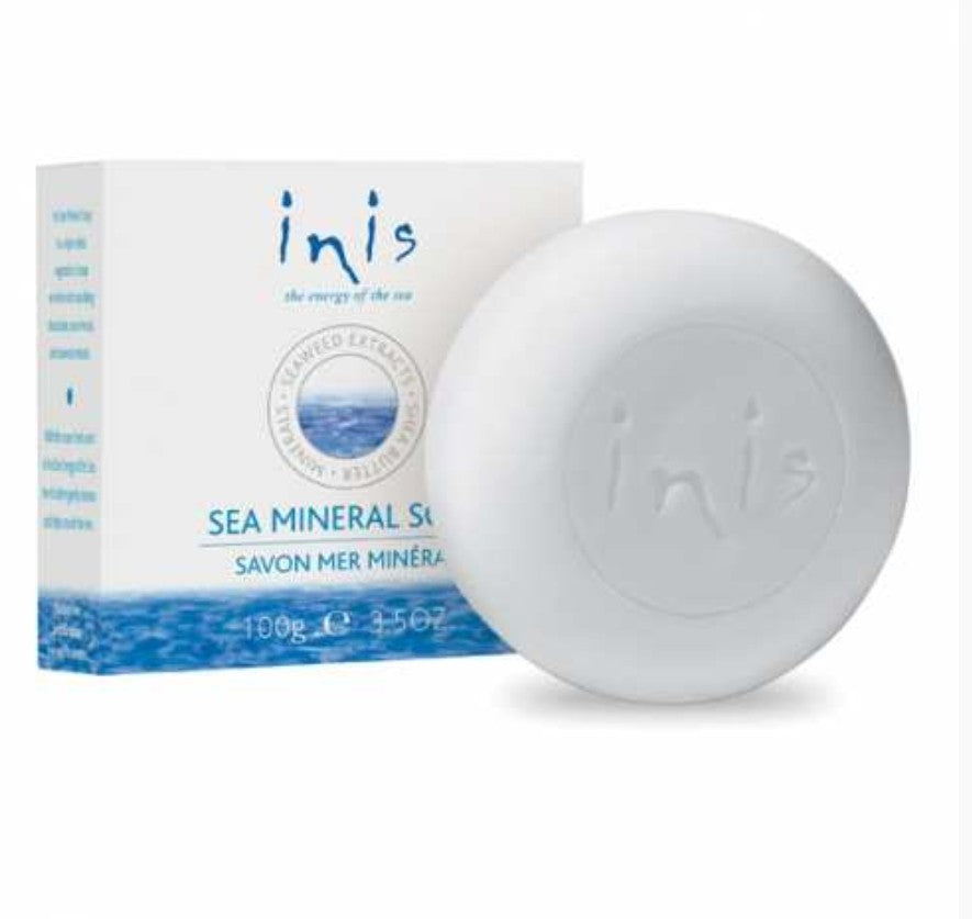 Inis Sea Mineral Soap 100g round white soap bar embossed with Inis logo, with white square branded box
