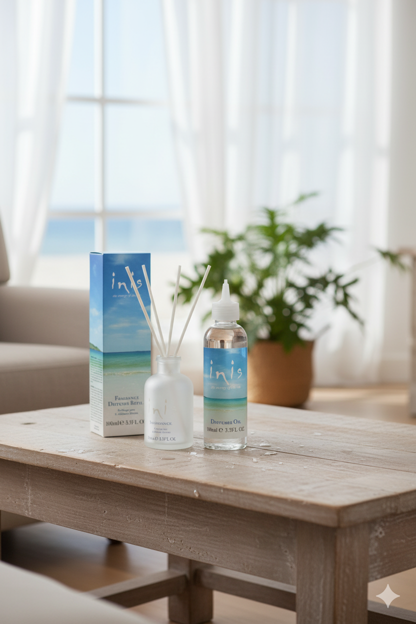 Inis Fragrance Diffuser and refill box on a wooden table in a living room with sea view through the window