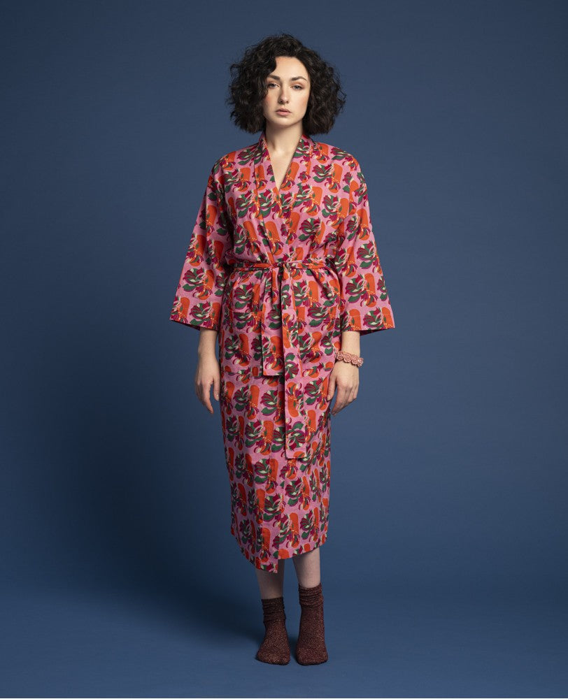Les Touristes Long Dressing Gown in Split Pink Orange