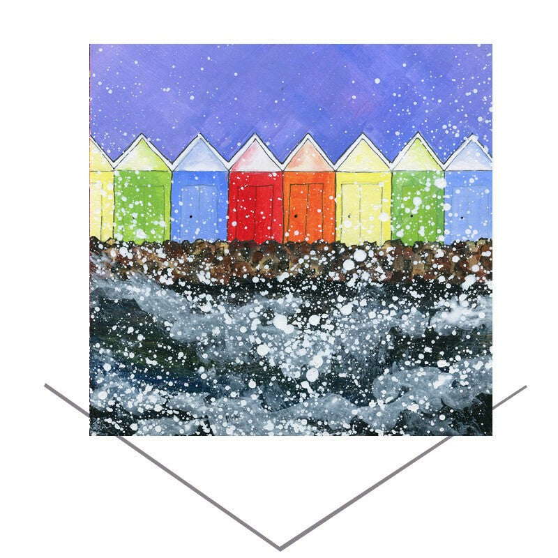 Beach Huts greeting card with colourful seaside huts by Emily Ward